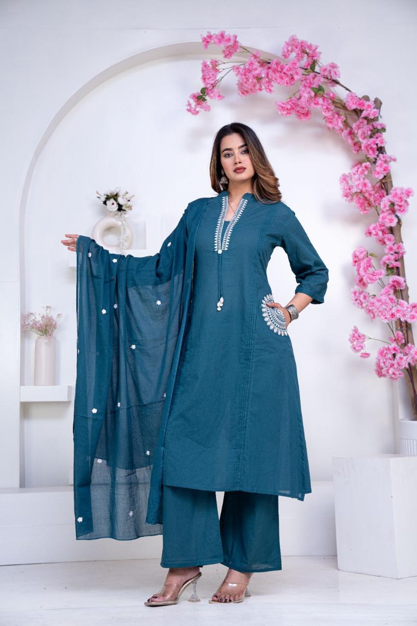 Teal Embroidered 3-piece lawn suit with dupatta